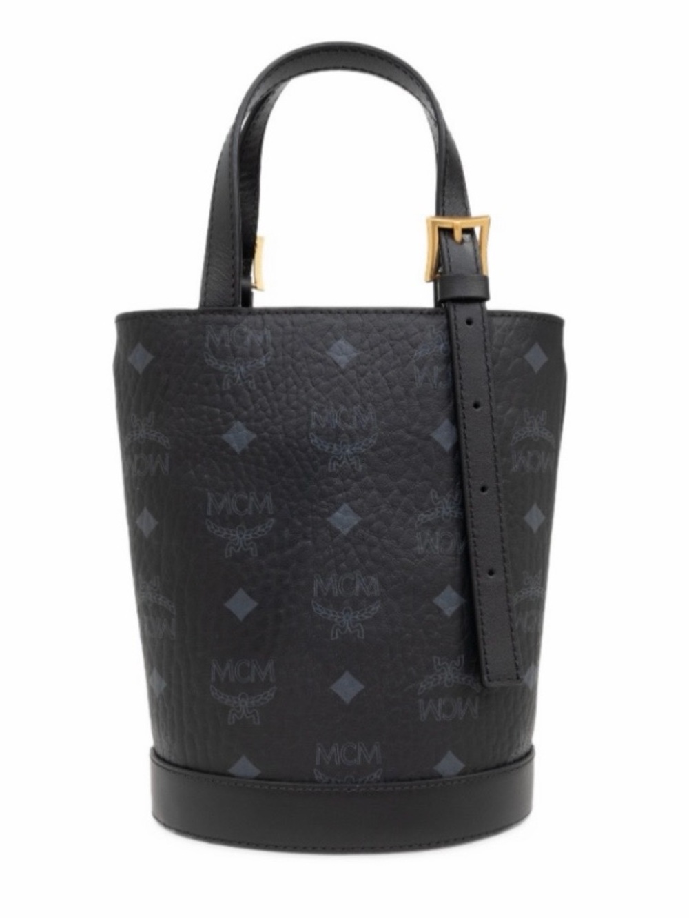 MCM Black Monogram Pebbled Leather Mini Bucket Bag with Gold Hardware - Picture 3 of 5